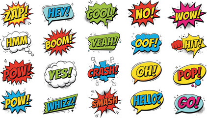 Comic book speech bubble and sound effect illustration set with zap, wow, boom, yes and crash text, colorful pop art typography, retro flat vector style © Asia