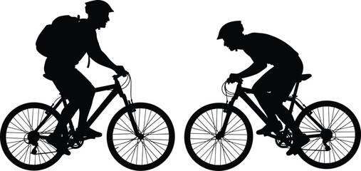 Obraz premium Cyclist Silhouettes Riding Bicycles in Motion, Black Illustration Showing Urban Commuting and Sports Cycling for Fitness, Outdoor Activity, and Healthy Lifestyle Concepts