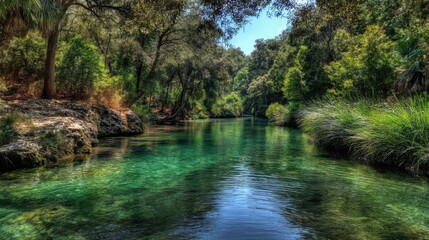 Obraz premium Sunlit emerald-green river winding through lush, verdant forest under a clear blue sky