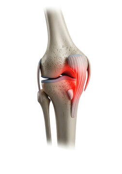 hyper-detailed 3d cgi macro shot of the human knee joint showing the femur, tibia, and patella; the inflamed patellar tendon is bright red against a transparent clinical background, scientific
