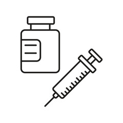 Medicine Bottle with Syringe Editable Stroke Outline Icon, Vaccination Medical Bottle and Syringe Editable Outline Vector Icon..eps