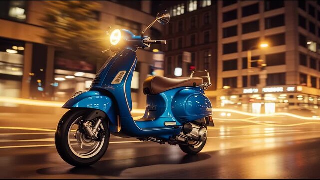 Blue scooter illuminated on city street at night with blurred background