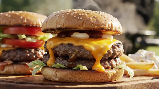 Close up of freshly prepared cheeseburgers with assorted ingredients on a wooden surface