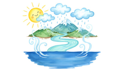 Charming watercolor illustration detailing the natural water cycle, featuring a happy sun, rain clouds over mountains, a winding river, and water evaporating from the ocean