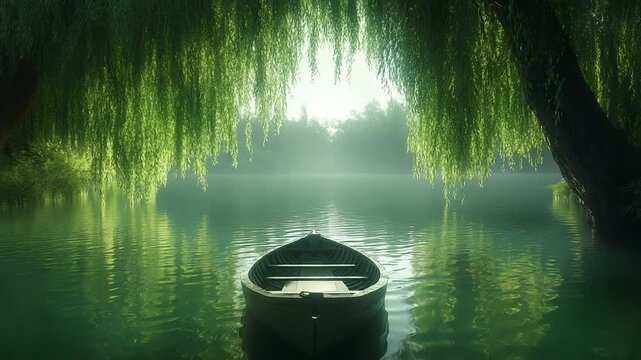 Serene boat on tranquil lake surrounded by willows