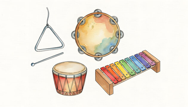 A cheerful watercolor illustration of a vibrant collection of musical percussion instruments, perfect for children's early education and joyful sound exploration