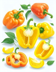 Vibrant bell peppers, whole and sliced, with leaves