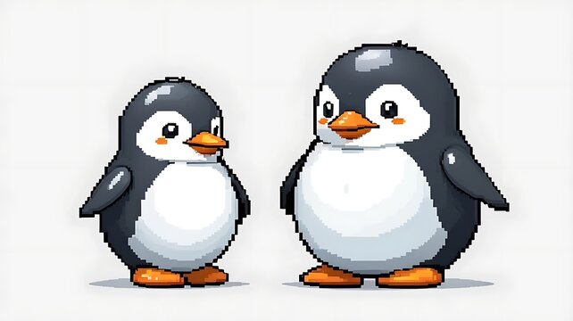 Chubby penguin in pixel art, 2D 8-bit sprite, white background