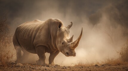 Obraz premium Massive rhinoceros with thick wrinkled hide stands majestically in a dusty savanna environment.
