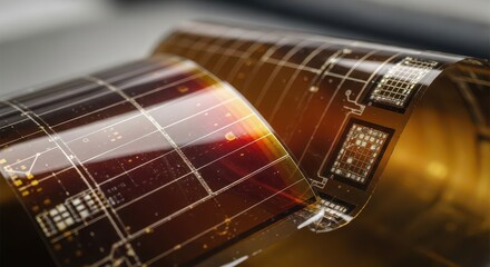 Flexible electronic circuitry displays intricate patterns on a thin, curved substrate