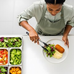 Professional Female Chef Plating Gourmet Meal with Fresh Salad Croquette and Mashed Potatoes Top View
