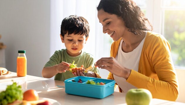 Nourishing Moments: A heartwarming scene captures a mother and child sharing a nutritious meal, embodying the essence of healthy eating and familial bonding.