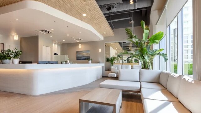 Modern group therapy clinic reception in soft focus centered on a welcoming counter bathed in gentle light with stylish seating and elegant plants in the background.