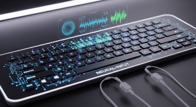 Advanced input device displays holographic data visualizations above its illuminated circuitry