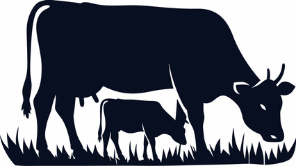 Serene cow and calf grazing together in a lush green pastureland with simplicity and elegance in a minimalist dark blue silhouette on a clean white background for farm and agriculture designs.