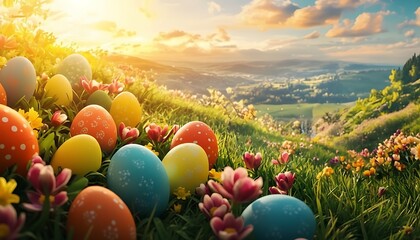 Vibrant easter eggs in a lush meadow