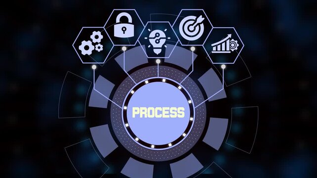 Technical process icon and systematic method development concept with operational steps and industrial technology management for business growth.