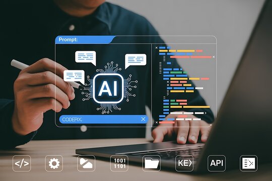 Prompt engineering and AI code generation concept. Businessman writing on digital screen with AI icon, programming code, chatbot interface, and machine learning algorithm for innovation technology.