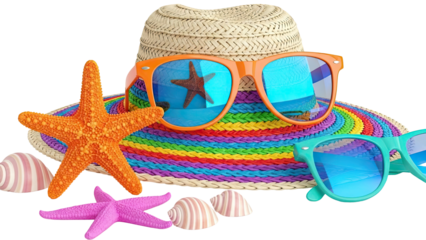 Summer Beach Accessories: Hat, Sunglasses, Starfish, and Seashells