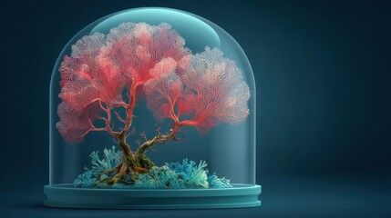 Vibrant Coral Tree in Glass Dome Displaying Nature's Beauty with Bright Colors and Intricate Details