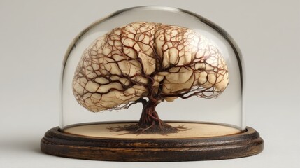 Unique Art Piece Featuring Intricate Tree Forming a Brain Shape Encased in Glass Dome on Wooden Base
