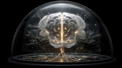 Intricate Brain Structure with Glowing Roots and Branches Encased in a Transparent Dome Against Dark Background