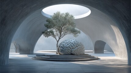 Serene Interior with a Stylized Brain Sculpture Surrounded by Nature in a Modern Architectural Space