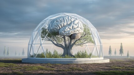 Futuristic Brain Structure Inside Geodesic Dome Surrounded by Nature and Misty Landscape at Dawn