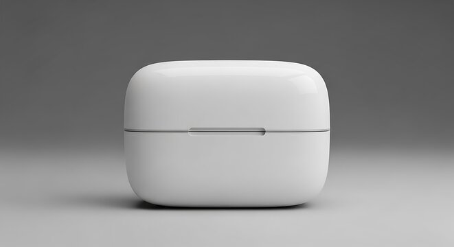 A white Apple AirPods case sits on a gray surface
