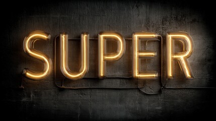 Bright Neon Sign with the Word Super Illuminated in Warm Light Against a Dark Concrete Wall for Urban Decor and Design