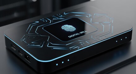 Sleek black electronic device features glowing blue circuit patterns and biometric security