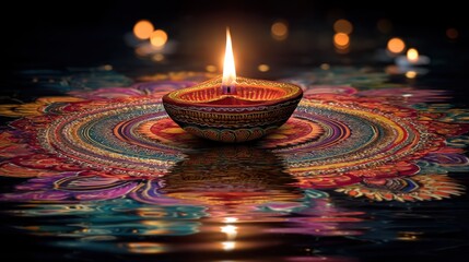 Floating Candle on Colorful Surface with Reflections and Soft Bokeh Light Creating a Serene Atmosphere
