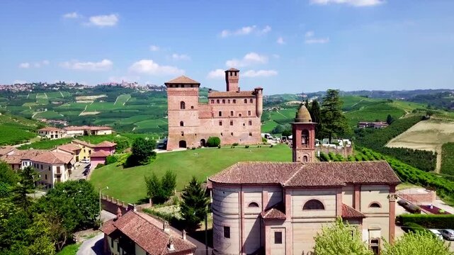 Grinzane Cavour, Italy - Medieval Castle, Vineyards, Hills Landscape - Cinematic Sky View