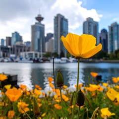 Vibrant yellow flower in city harbor