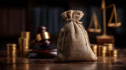 Burlap Bag with Gold Coins, Gavel, and Scales of Justice on a Wooden Table in a Law Office Setting