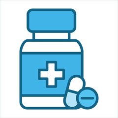 Blue medication bottle and pills for medical or pharmaceutical concepts. Suitable for healthcare, treatment, prescription, pharmacy, and medication related designs.
