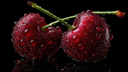 Fresh Red Cherries with Water Drops on Black Background for Healthy Eating and Summer Recipes