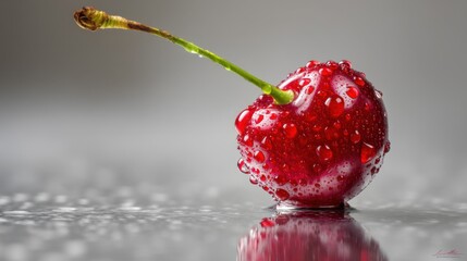 Fresh Cherry with Water Droplets Captured on Reflective Surface in Delicate Light Setting for Food Photography