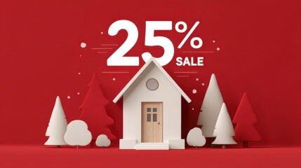 Abstract representation of house sale promotion with festive elements and bold discount text on a vibrant red background