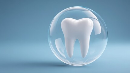 Dental Care Concept with White Tooth Inside Transparent Bubble on Light Blue Background for Health and Hygiene Themes