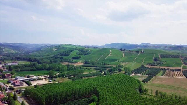 Grinzane Cavour, Italy - Medieval Castle, Vineyards, Hills Landscape - Cinematic Sky View