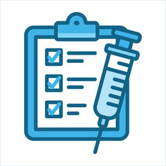 Blue clipboard checklist and syringe symbol drawing. Suitable for medical presentations, healthcare articles, and vaccination campaigns design.