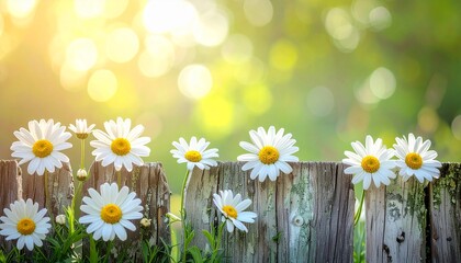 Obraz premium White daisies blooming along a rustic wooden fence with a bright, sunny green bokeh background, evoking a serene spring garden scene.