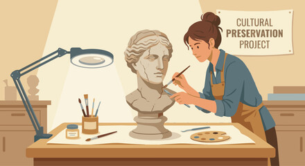 Sculptor Restoring Sculpture A flat vector illustration of a sculptor carefully restoring or repairing an old sculpture. Brushes and small tools visible. Flat vector style, cultural preservation theme