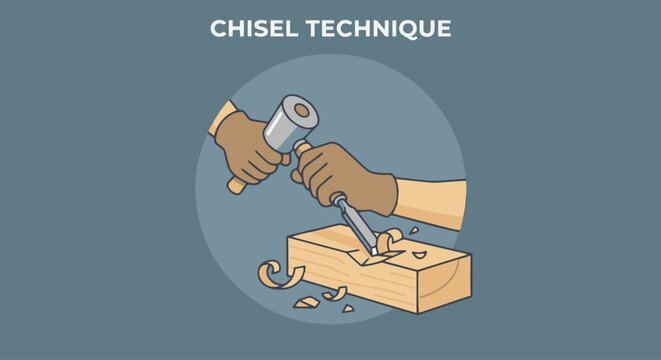 Sculptor Using Chisel Close-Up A flat vector illustration focusing on a sculptor&rsquo;s hands using a chisel on stone or wood. Simple background. Flat vector style, instructional and minimal.