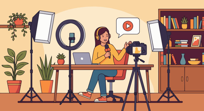 KOL Recording Video Blog A flat vector illustration of a KOL recording a vlog in a home studio setup. Camera, microphone, and soft lighting visible. Flat vector design, modern creator workspace.