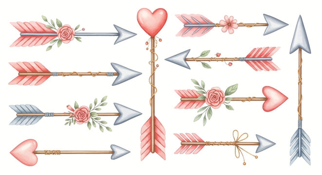 Set of colorful hand-drawn arrows with hearts and flowers, illustrating love and affection, showcasing various designs and elements.