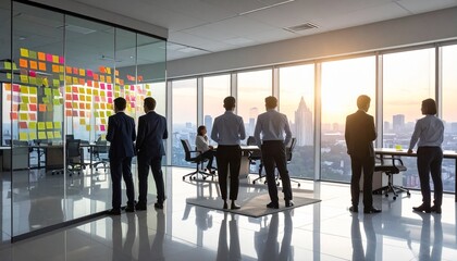 Business Professionals in the Modern Office: A group of professionals gather, gazing out of a modern office window at the city, lost in thought, or discussing ideas.