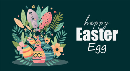 A vibrant illustration of happy easter eggs nestled amongst fresh spring foliage and flowers