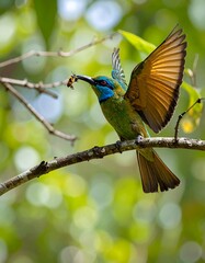 Vibrant bird in flight, holding insect
